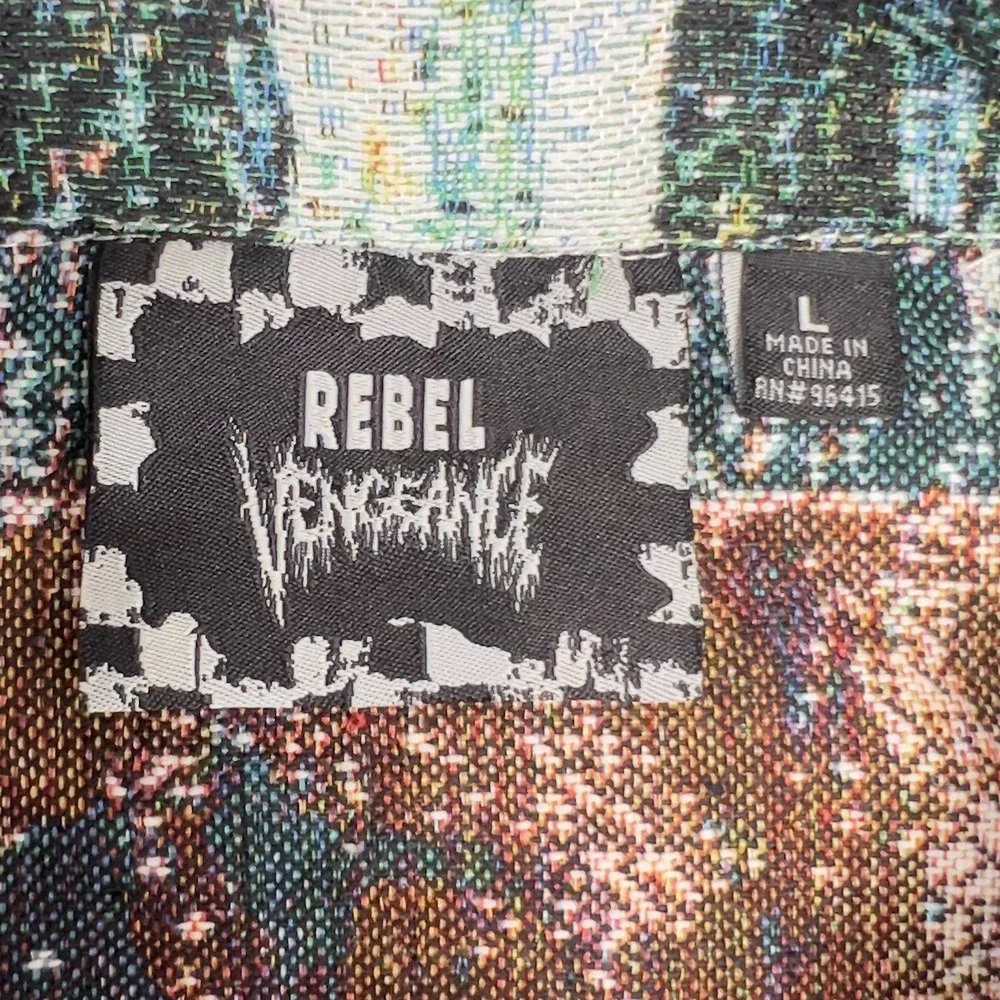 Rebel Vengeance Jacket Mens Large Multicolor Tapestry Art Cityscape Bomber